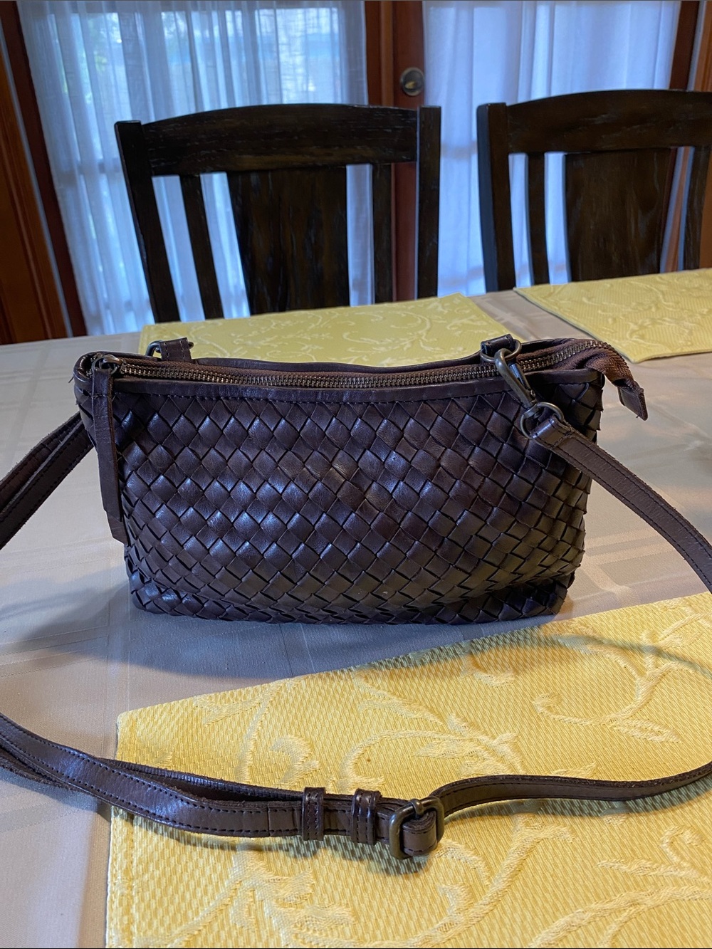 Valentina Dark Brown Woven Leather Crossbody Bag. Genuine leather. Made in Italy